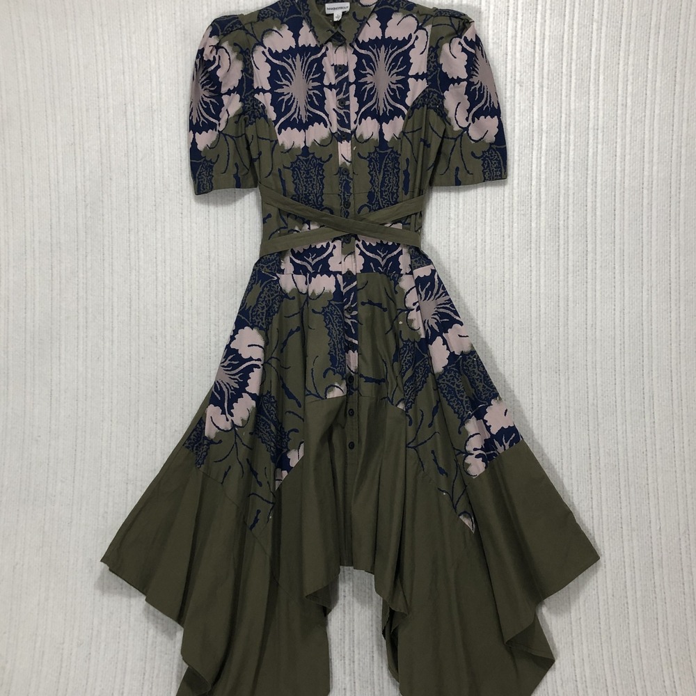 Making the Cut Olive Green Floral Handkerchief Hem Shirt Dress Small